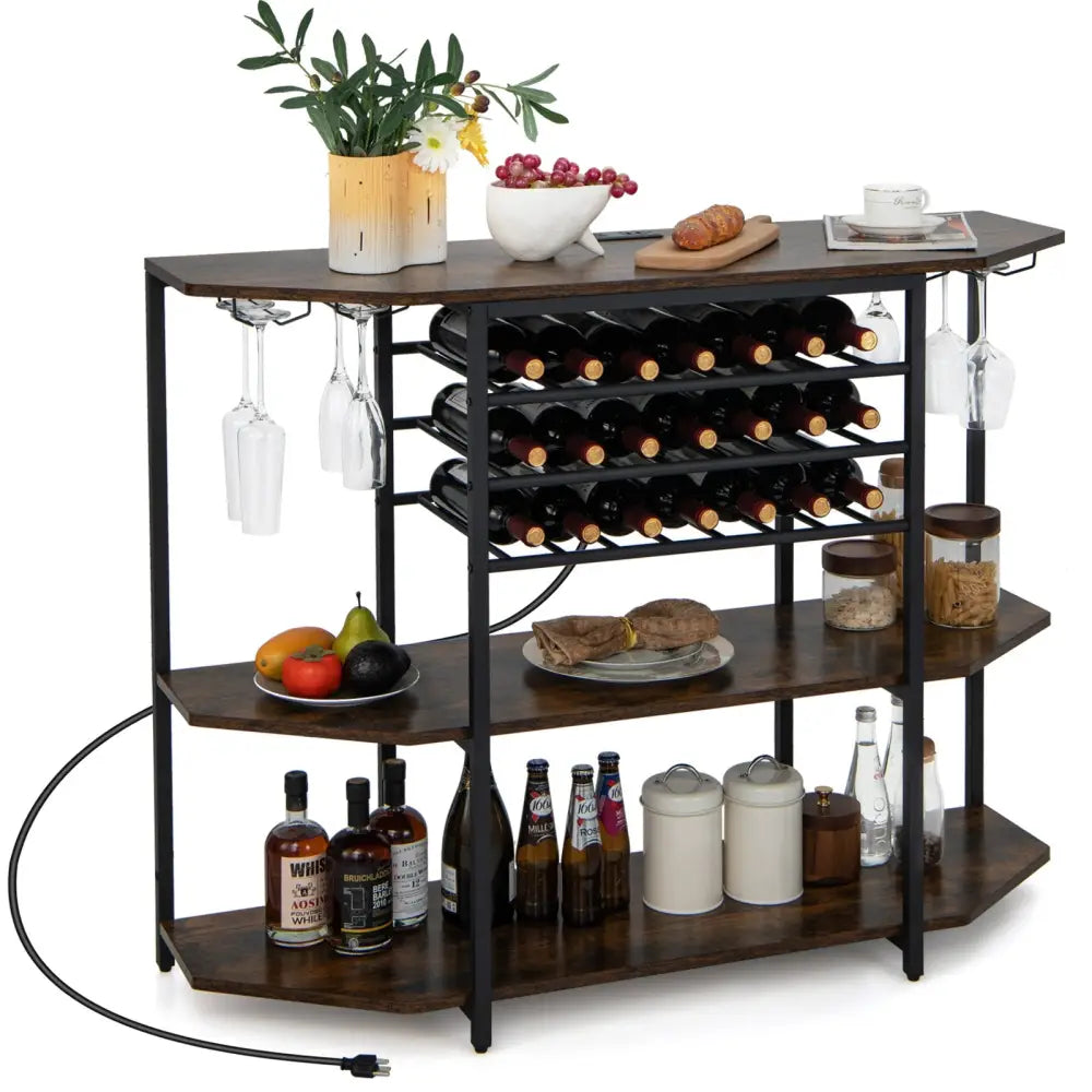3-Tier Wine Bar Cabinet with Storage Shelves-Brown - Brown - Wine Racks