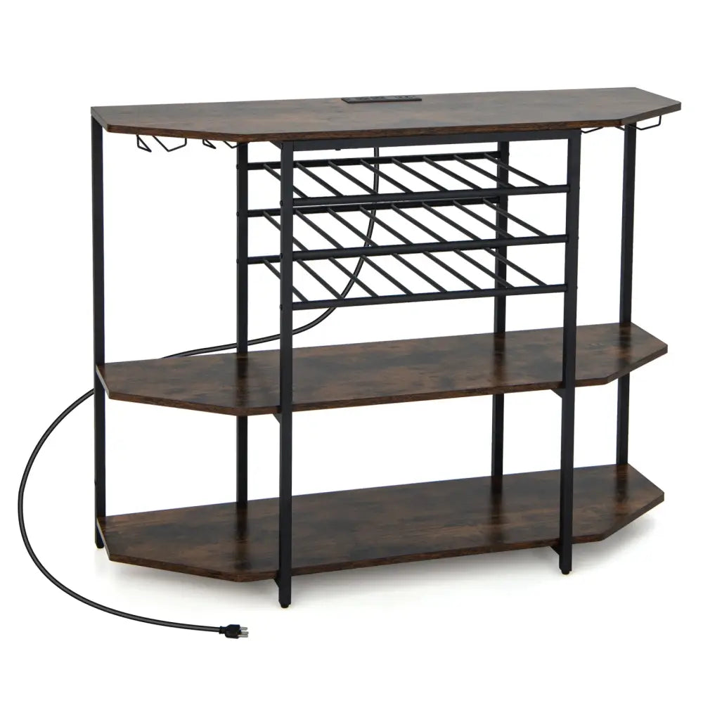 3-Tier Wine Bar Cabinet with Storage Shelves-Brown - Brown - Wine Racks