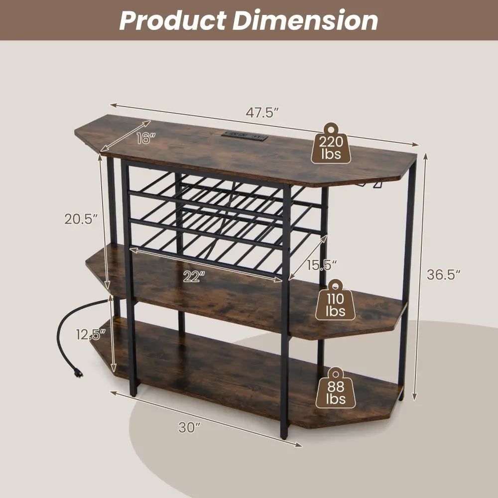 3-Tier Wine Bar Cabinet with Storage Shelves-Brown - Brown - Wine Racks