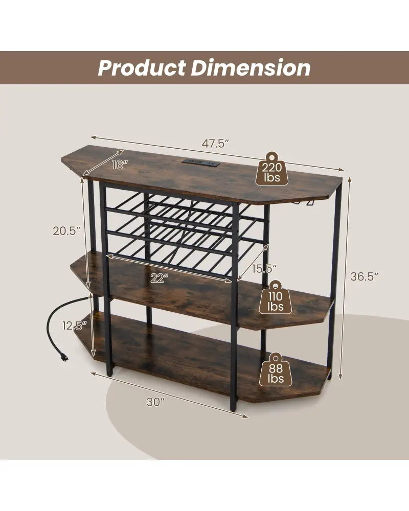 3-Tier Wine Bar Cabinet with Storage Shelves-Brown - Brown - Wine Racks
