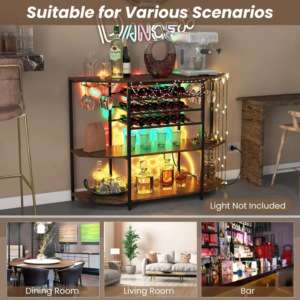 3-Tier Wine Bar Cabinet with Storage Shelves-Brown - Brown - Wine Racks