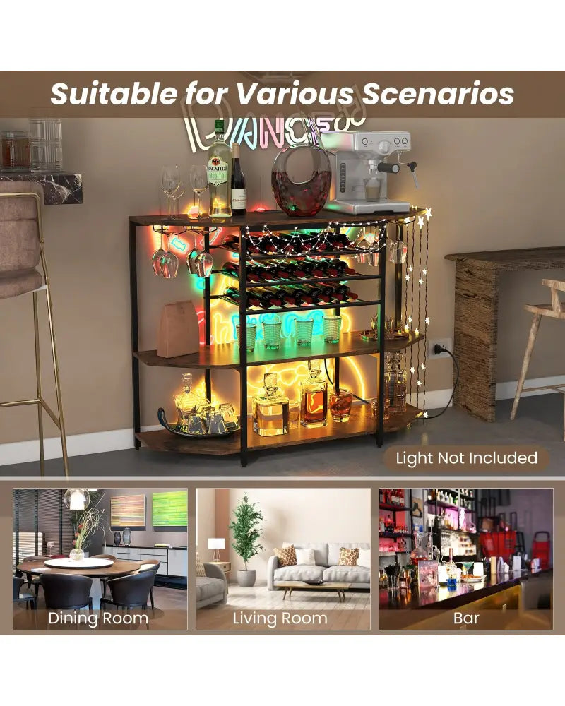 3-Tier Wine Bar Cabinet with Storage Shelves-Brown - Brown - Wine Racks