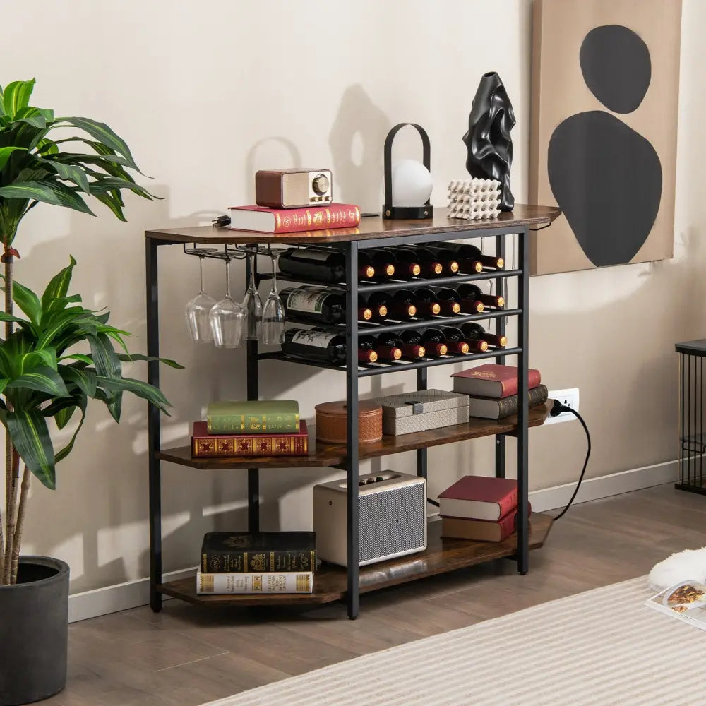 3-Tier Wine Bar Cabinet with Storage Shelves-Brown - Brown - Wine Racks