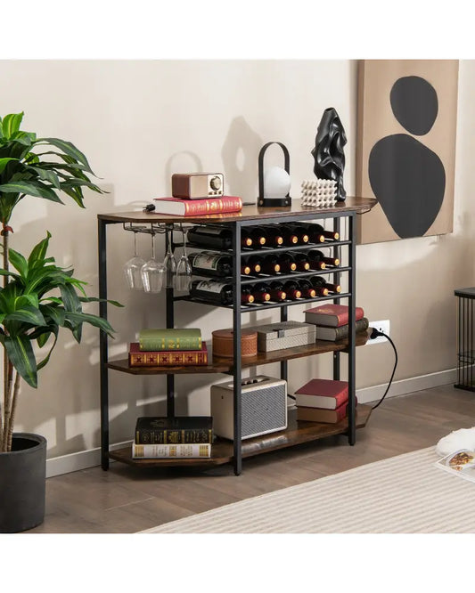 3-Tier Wine Bar Cabinet with Storage Shelves-Brown - Brown - Wine Racks