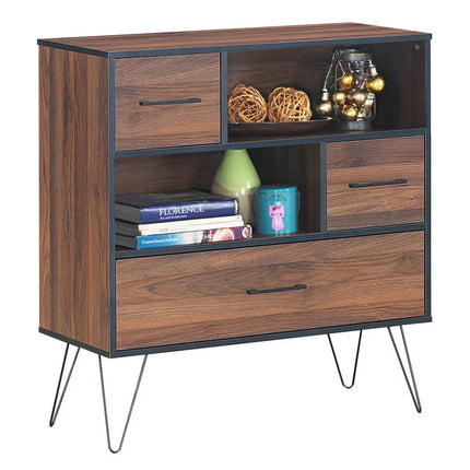3-Tier Wood Storage Cabinet with Drawers and 4 Metal Legs - Walnut - Cabinets & Chests
