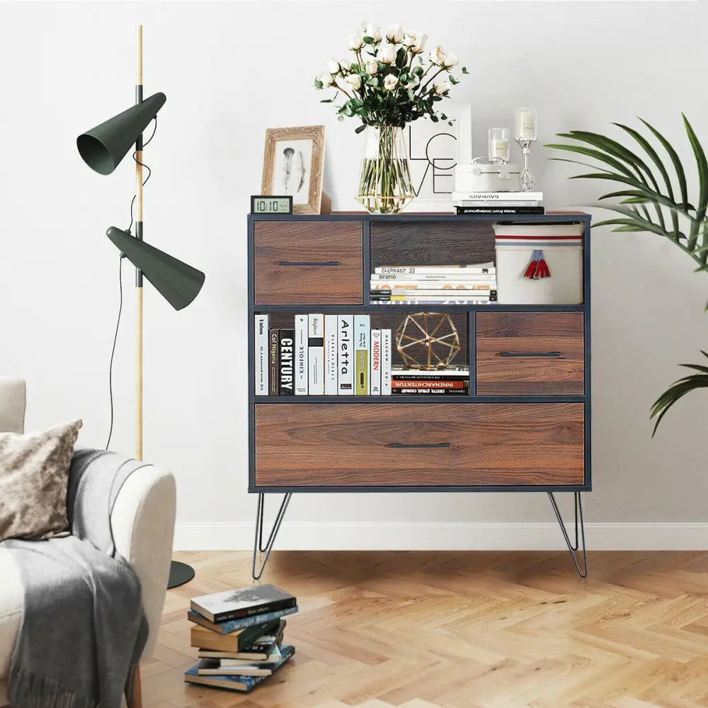 3-Tier Wood Storage Cabinet with Drawers and 4 Metal Legs - Walnut - Cabinets & Chests