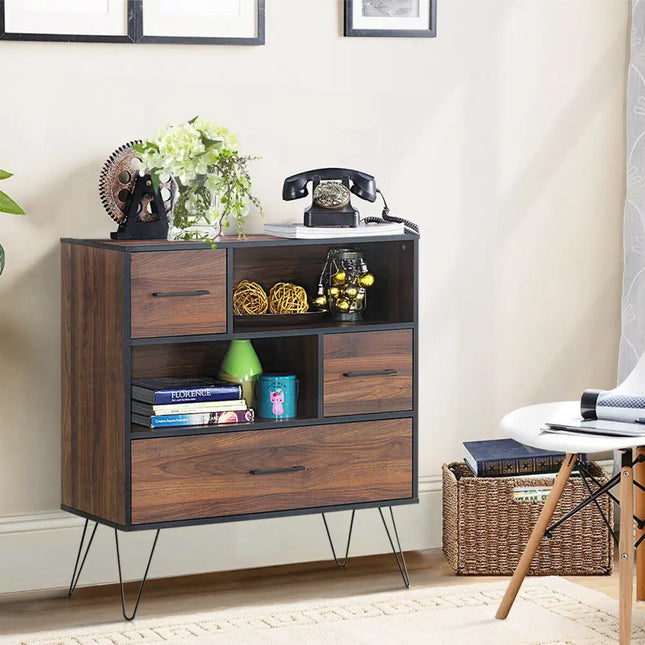3-Tier Wood Storage Cabinet with Drawers and 4 Metal Legs - Walnut - Cabinets & Chests