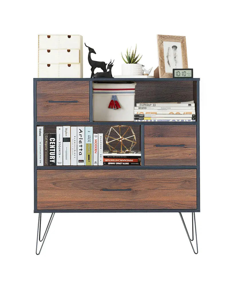 3-Tier Wood Storage Cabinet with Drawers and 4 Metal Legs - Walnut - Cabinets & Chests