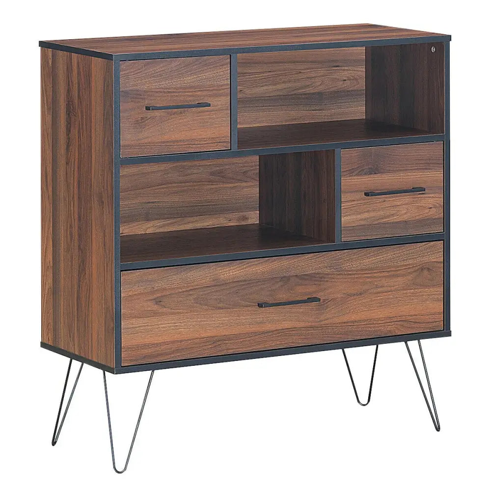 3-Tier Wood Storage Cabinet with Drawers and 4 Metal Legs - Walnut - Cabinets & Chests
