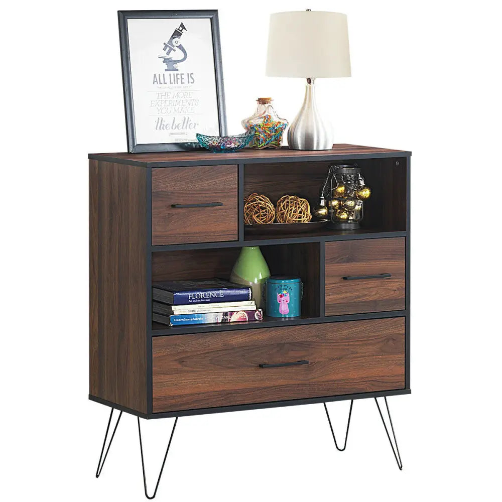 3-Tier Wood Storage Cabinet with Drawers and 4 Metal Legs - Walnut - Cabinets & Chests