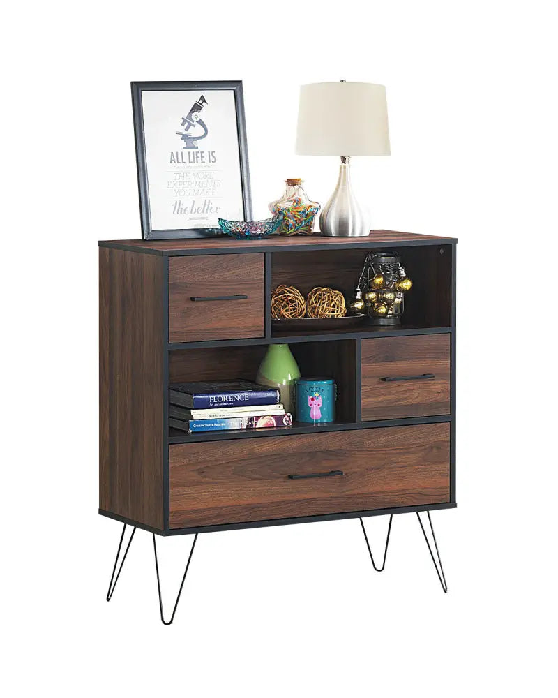 3-Tier Wood Storage Cabinet with Drawers and 4 Metal Legs - Walnut - Cabinets & Chests