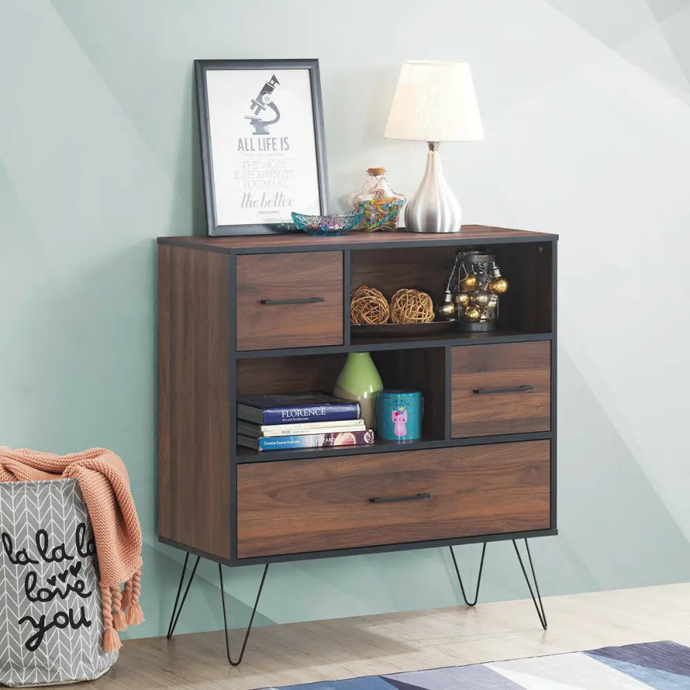 3-Tier Wood Storage Cabinet with Drawers and 4 Metal Legs - Walnut - Cabinets & Chests