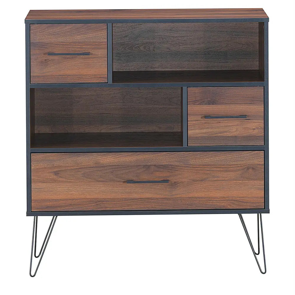 3-Tier Wood Storage Cabinet with Drawers and 4 Metal Legs - Walnut - Cabinets & Chests
