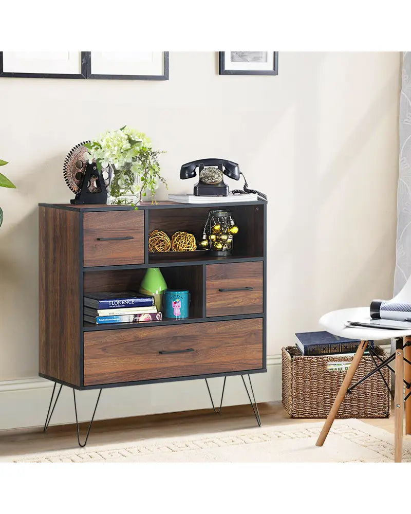 3-Tier Wood Storage Cabinet with Drawers and 4 Metal Legs - Walnut - Cabinets & Chests