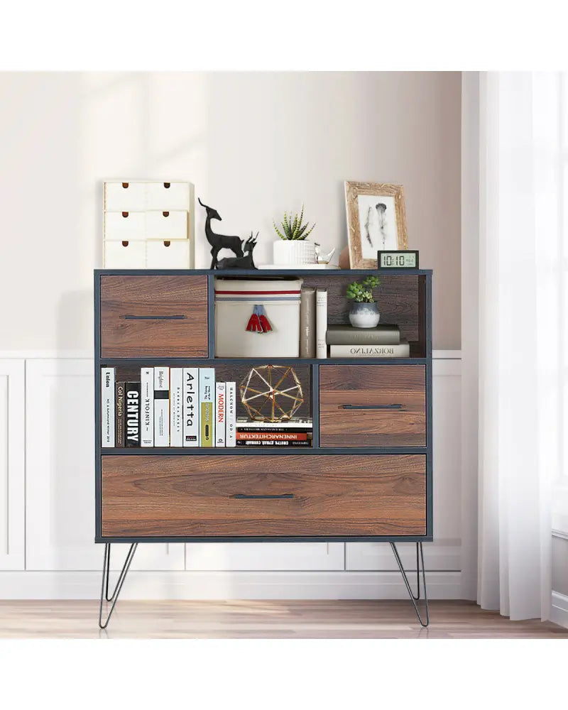 3-Tier Wood Storage Cabinet with Drawers and 4 Metal Legs - Walnut - Cabinets & Chests
