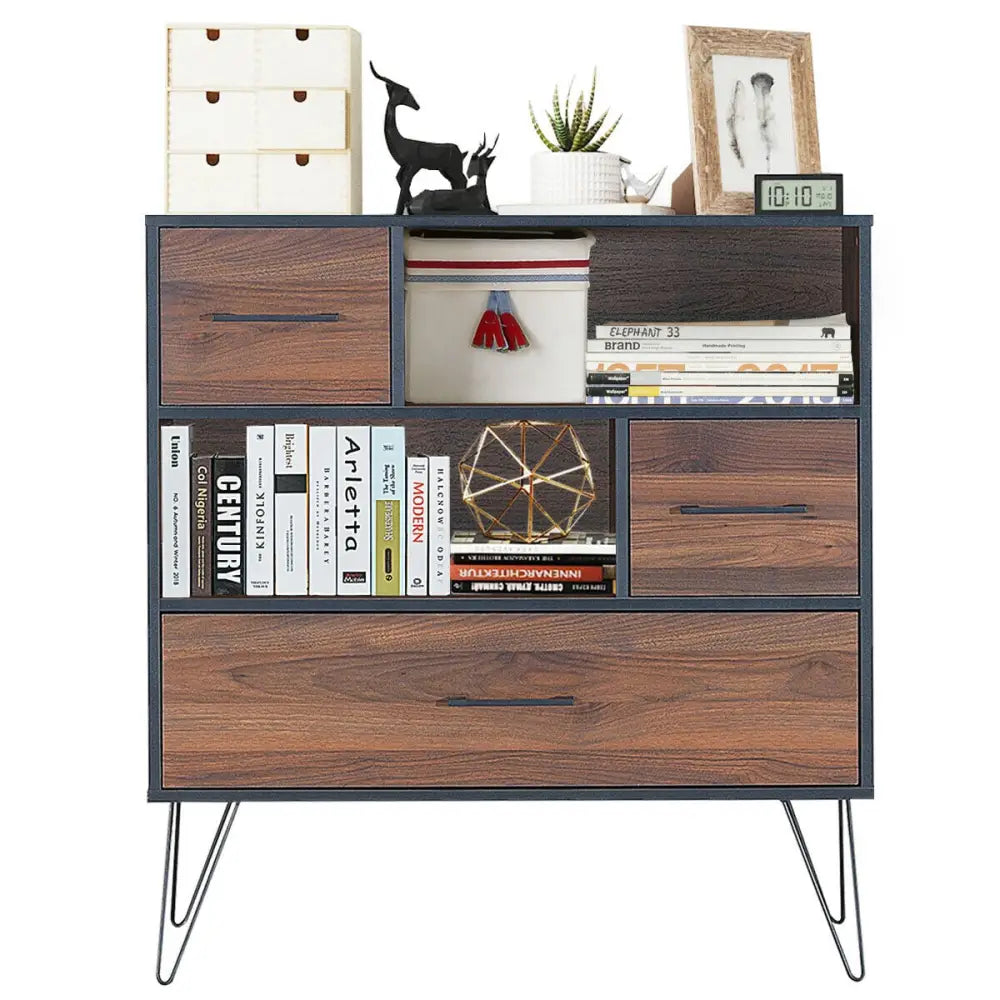 3-Tier Wood Storage Cabinet with Drawers and 4 Metal Legs - Walnut - Cabinets & Chests