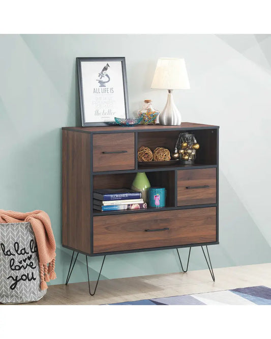 3-Tier Wood Storage Cabinet with Drawers and 4 Metal Legs - Walnut - Cabinets & Chests
