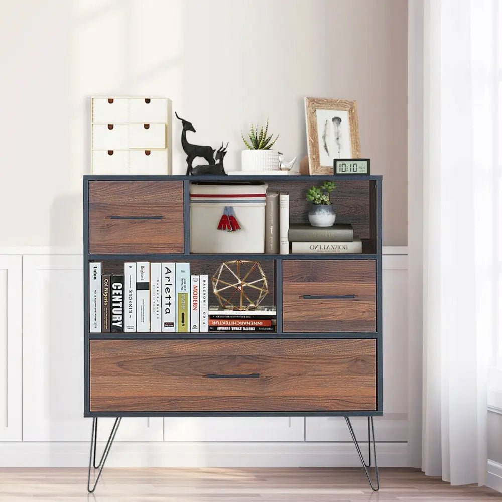 3-Tier Wood Storage Cabinet with Drawers and 4 Metal Legs - Walnut - Cabinets & Chests