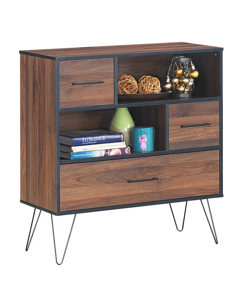 3-Tier Wood Storage Cabinet with Drawers and 4 Metal Legs - Walnut - Cabinets & Chests