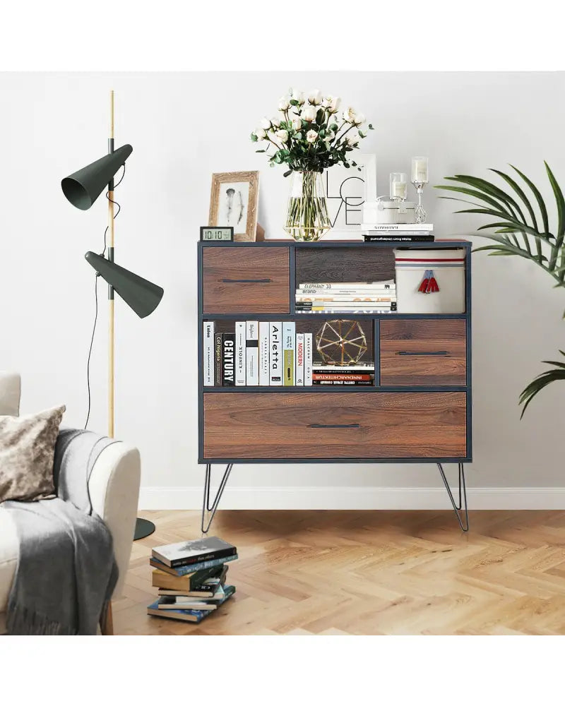 3-Tier Wood Storage Cabinet with Drawers and 4 Metal Legs - Walnut - Cabinets & Chests