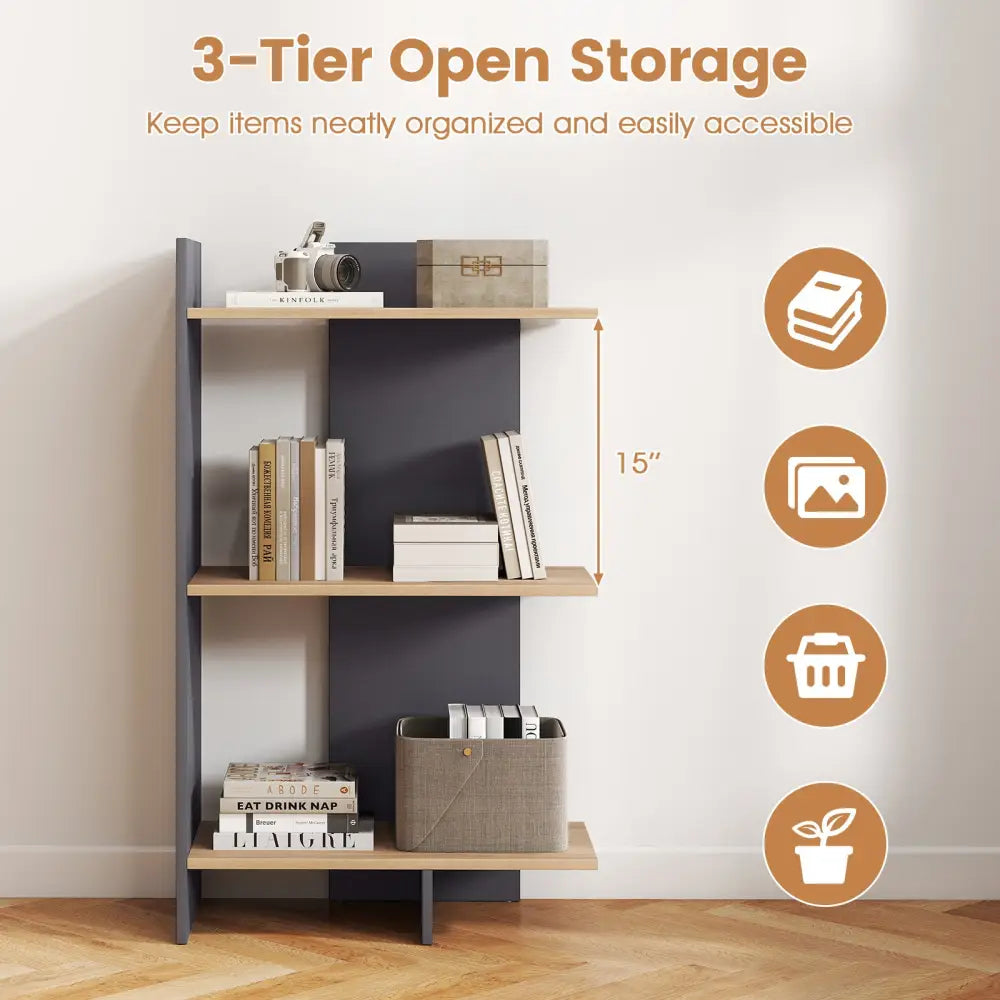 3 Tier Wooden Bookshelf with Anti-Tipping Kit-Oak - Oak - Bookcases