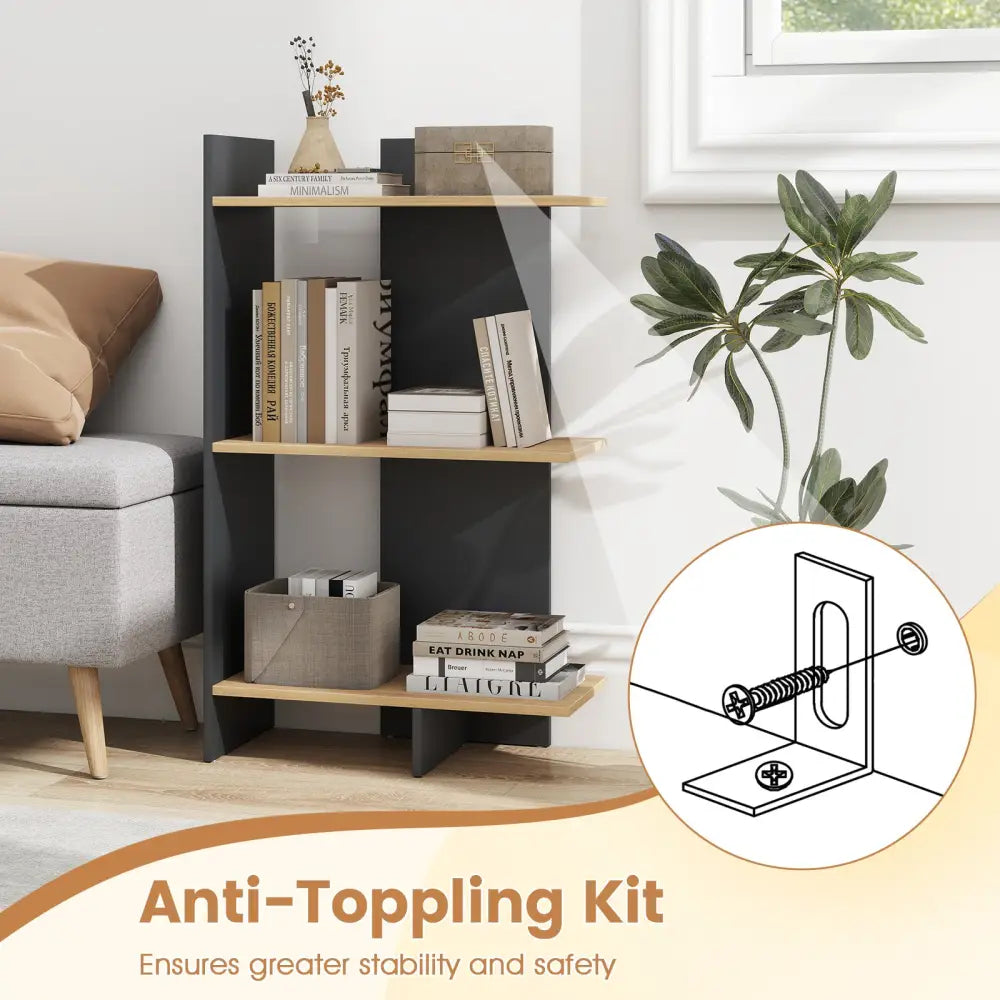 3 Tier Wooden Bookshelf with Anti-Tipping Kit-Oak - Oak - Bookcases