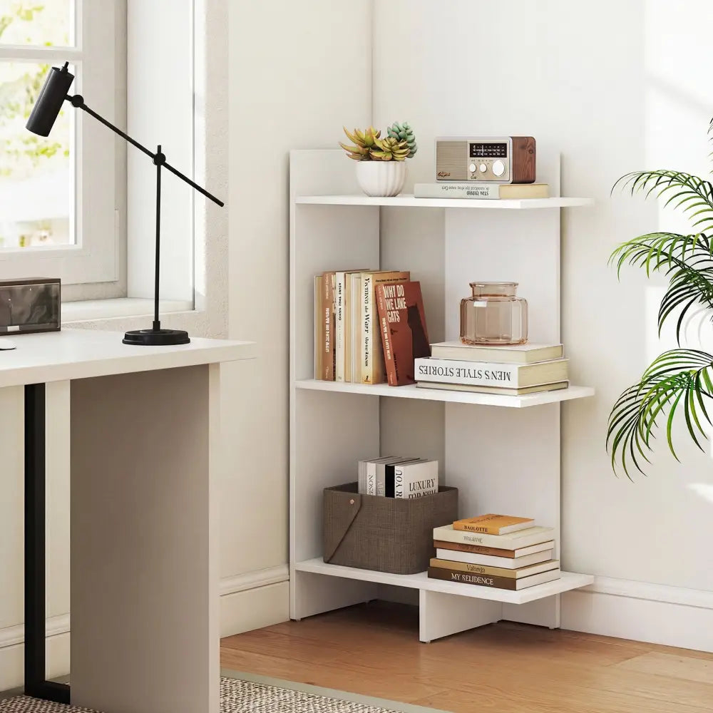 3 Tier Wooden Bookshelf with Anti-Tipping Kit-White - White - Bookcases