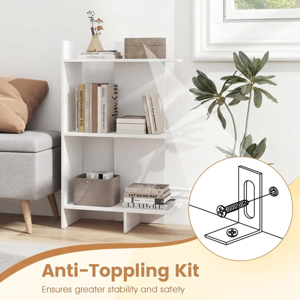 3 Tier Wooden Bookshelf with Anti-Tipping Kit-White - White - Bookcases