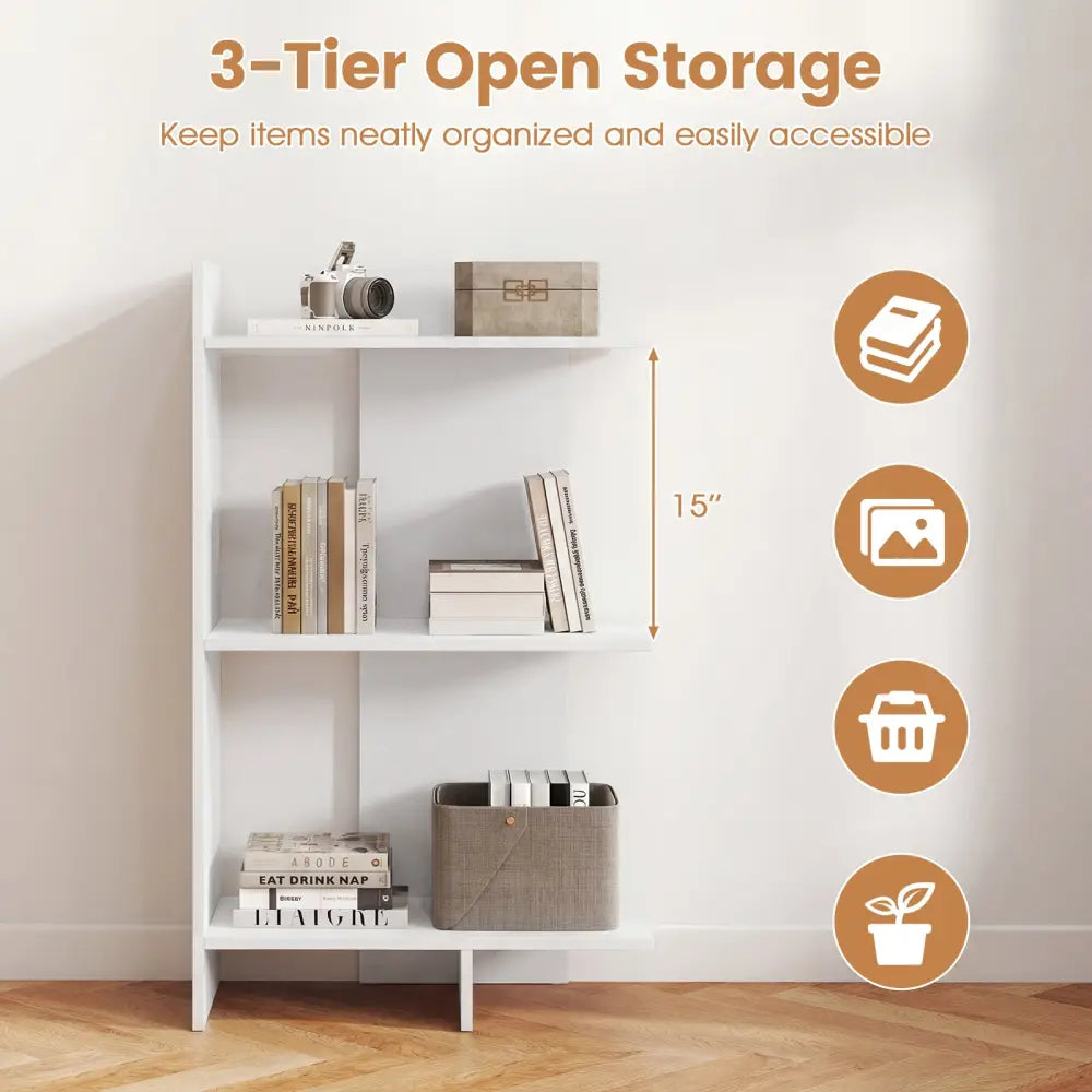 3 Tier Wooden Bookshelf with Anti-Tipping Kit-White - White - Bookcases
