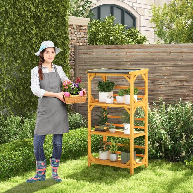 3-Tier Wooden Plant Stand with Weatherproof Asphalt Roof for Patio-Natural - Natural - Plant Stands