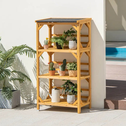 3-Tier Wooden Plant Stand with Weatherproof Asphalt Roof for Patio-Natural - Natural - Plant Stands
