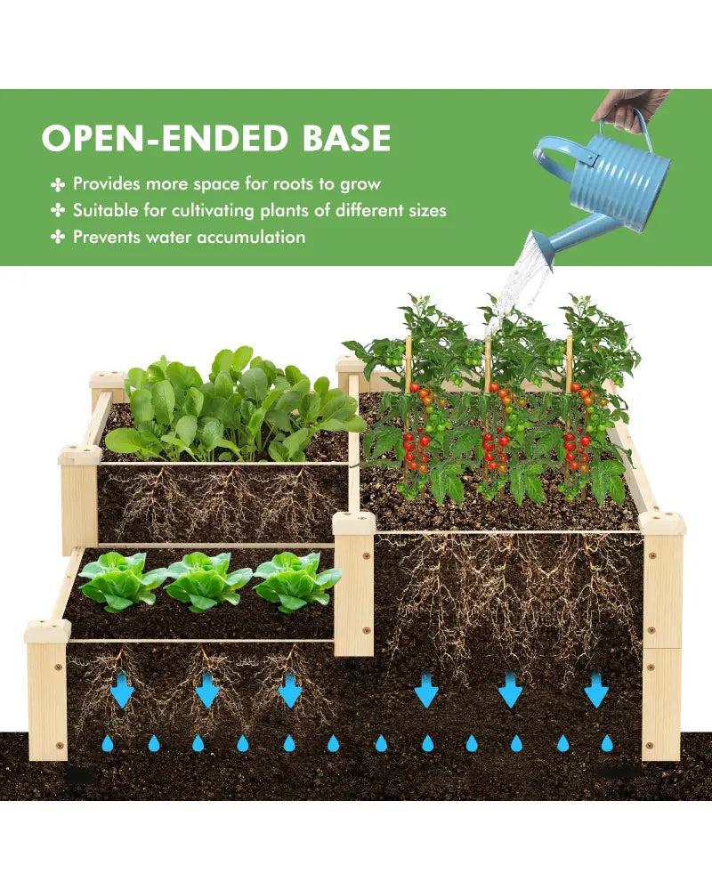 3-Tier Wooden Raised Garden Bed with Open-Ended Base-Natural - Natural - Raised Garden Beds