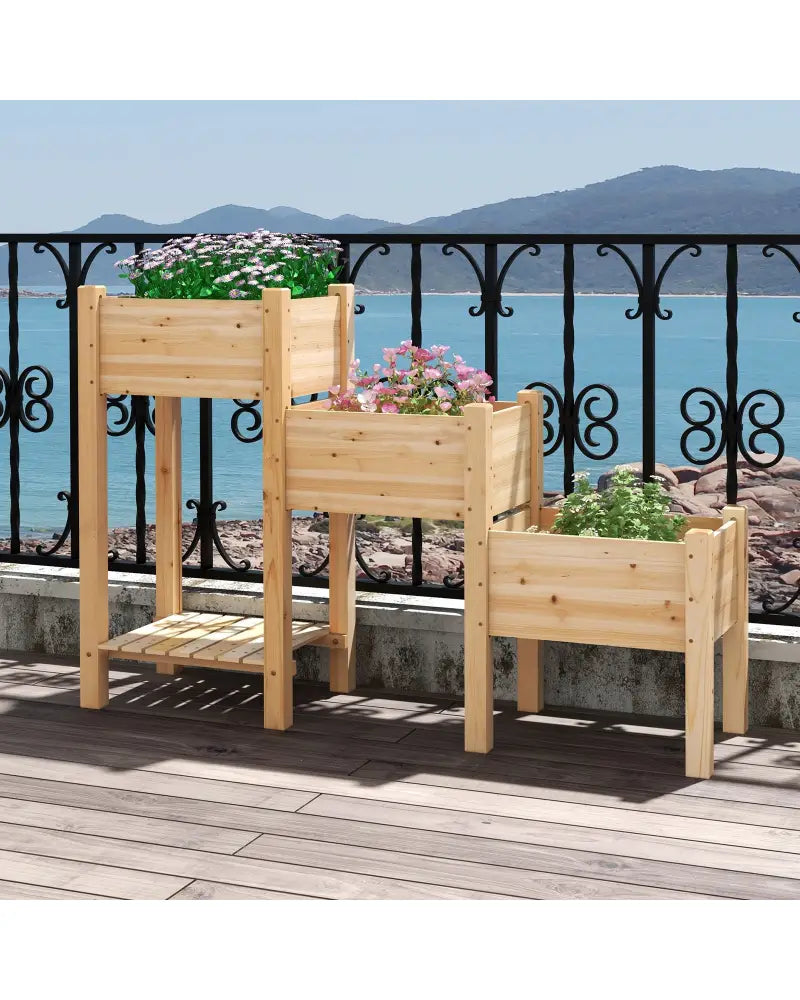 3-Tier Wooden Raised Garden Bed with Open Storage Shelf-Natural - Natural - Raised Garden Beds