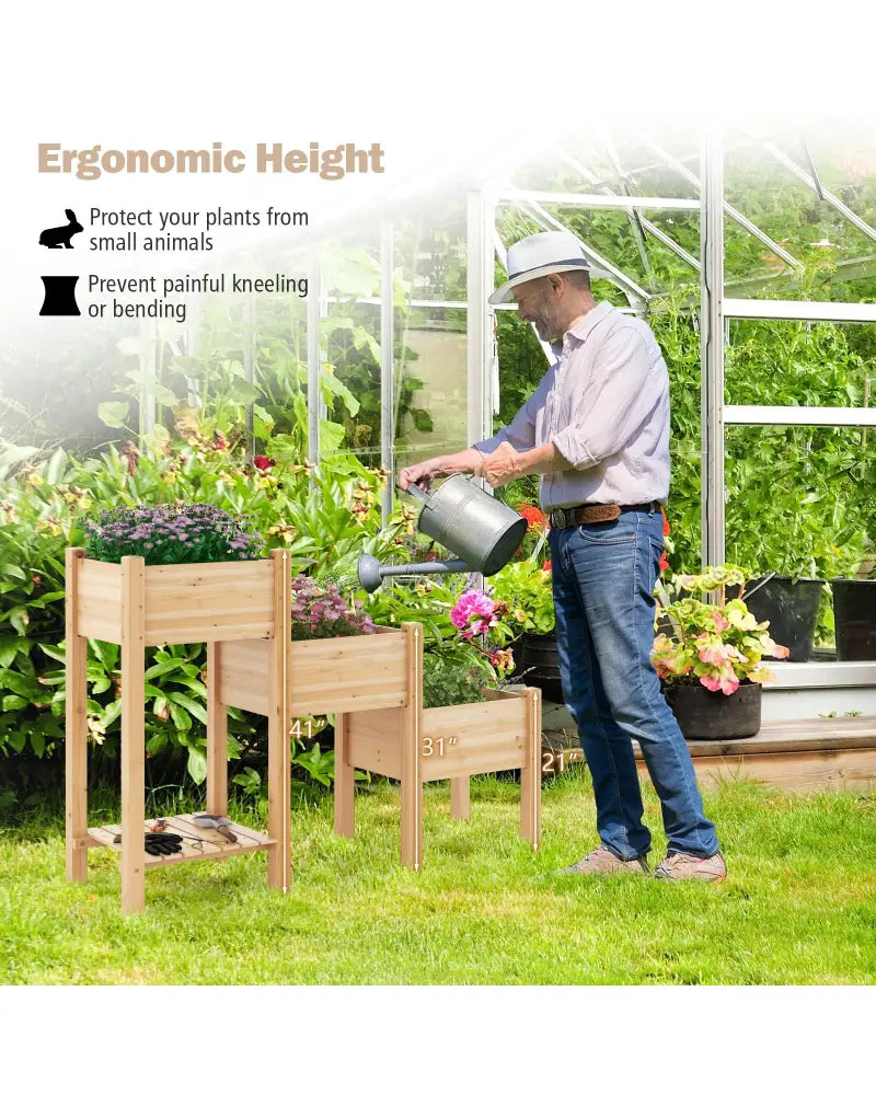3-Tier Wooden Raised Garden Bed with Open Storage Shelf-Natural - Natural - Raised Garden Beds