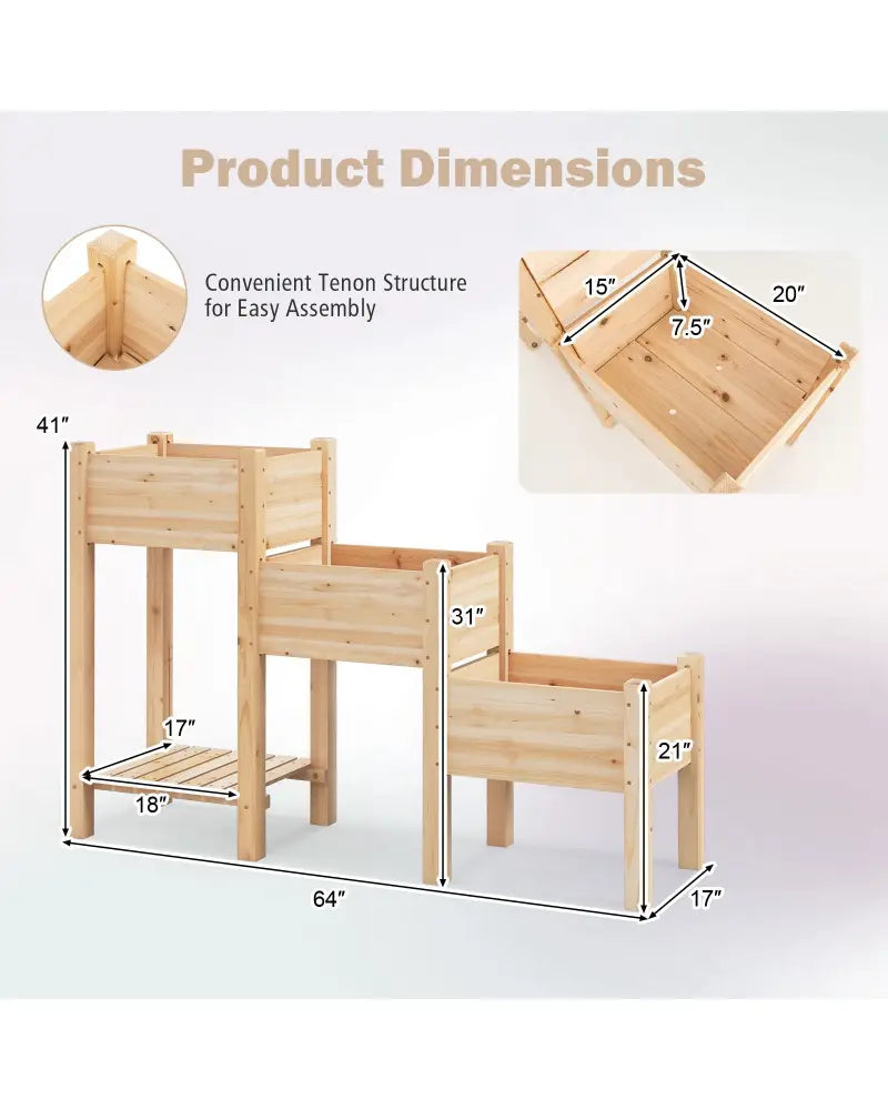 3-Tier Wooden Raised Garden Bed with Open Storage Shelf-Natural - Natural - Raised Garden Beds
