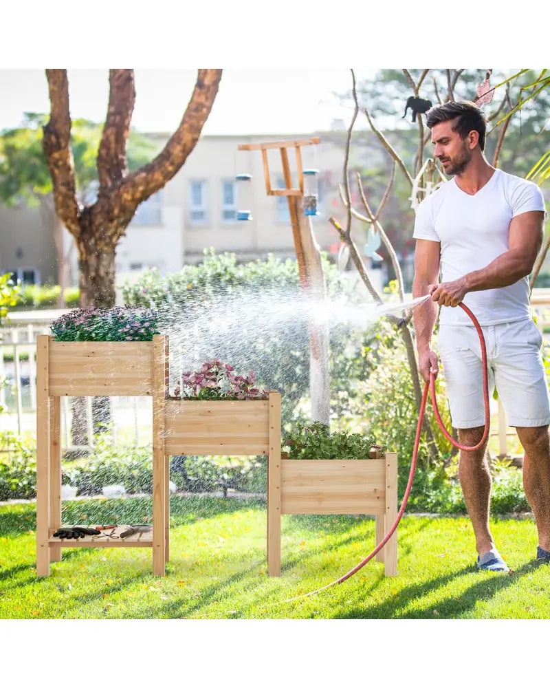 3-Tier Wooden Raised Garden Bed with Open Storage Shelf-Natural - Natural - Raised Garden Beds