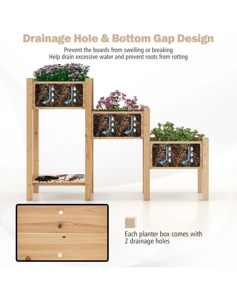 3-Tier Wooden Raised Garden Bed with Open Storage Shelf-Natural - Natural - Raised Garden Beds
