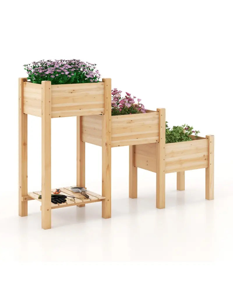 3-Tier Wooden Raised Garden Bed with Open Storage Shelf-Natural - Natural - Raised Garden Beds