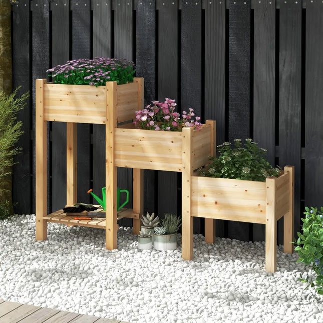 3-Tier Wooden Raised Garden Bed with Open Storage Shelf-Natural - Natural - Raised Garden Beds