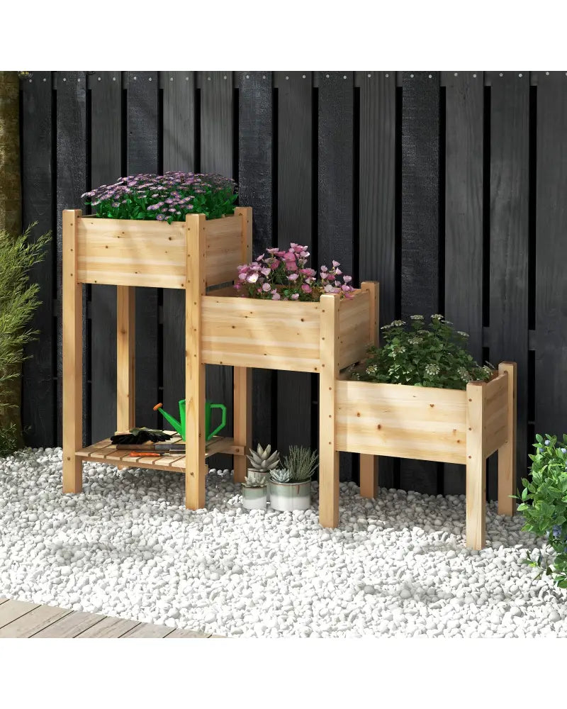 3-Tier Wooden Raised Garden Bed with Open Storage Shelf-Natural - Natural - Raised Garden Beds