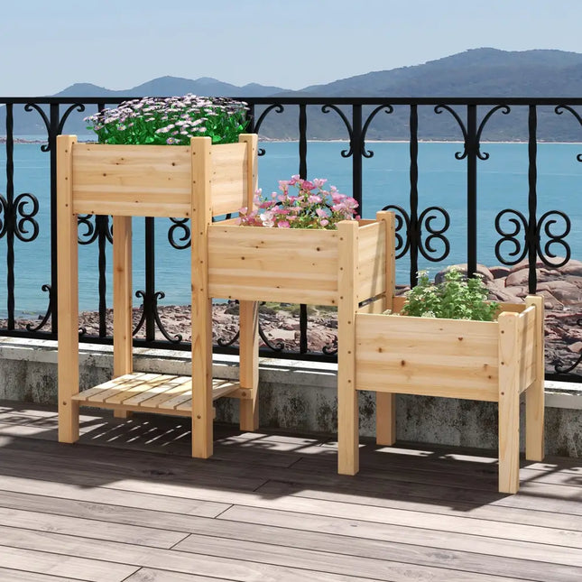 3-Tier Wooden Raised Garden Bed with Open Storage Shelf-Natural - Natural - Raised Garden Beds