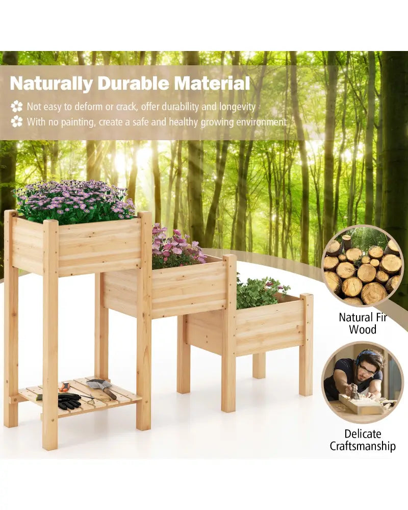 3-Tier Wooden Raised Garden Bed with Open Storage Shelf-Natural - Natural - Raised Garden Beds