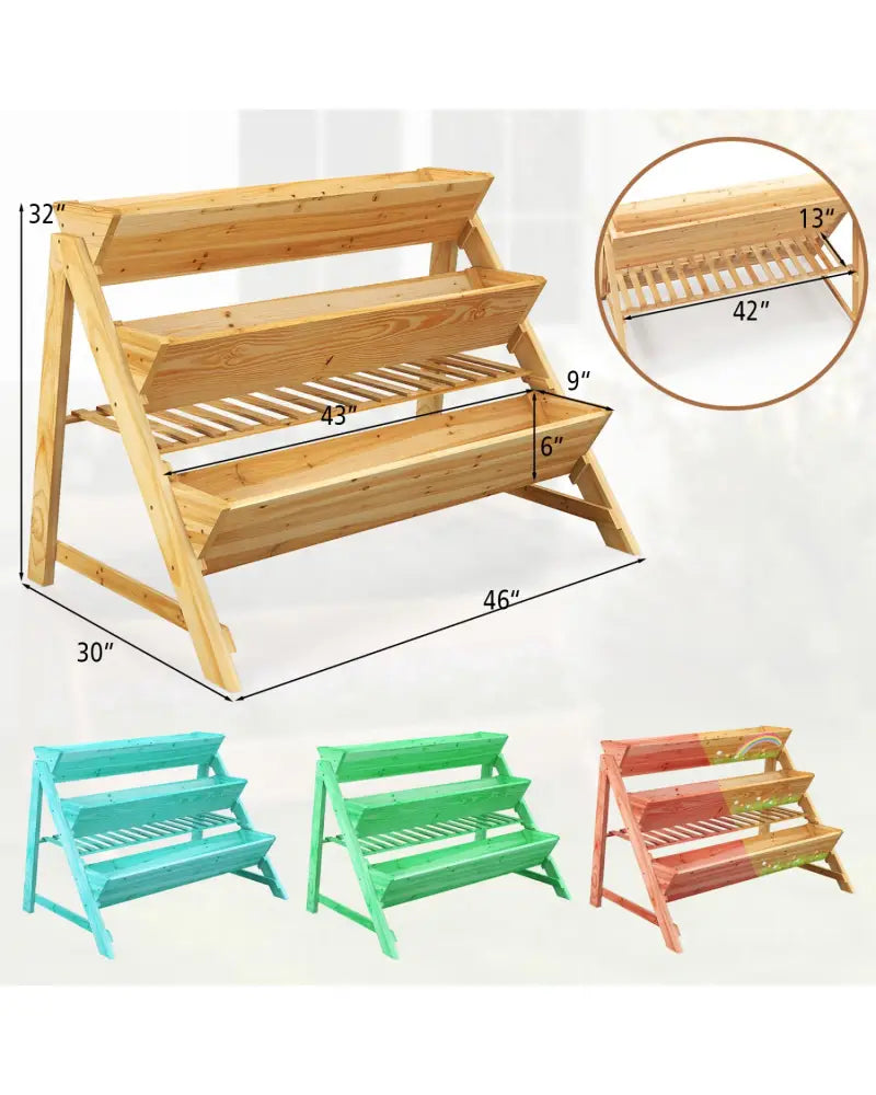 3 Tier Wooden Vertical Raised Garden Bed with Storage Shelf - Natural - Raised Garden Beds