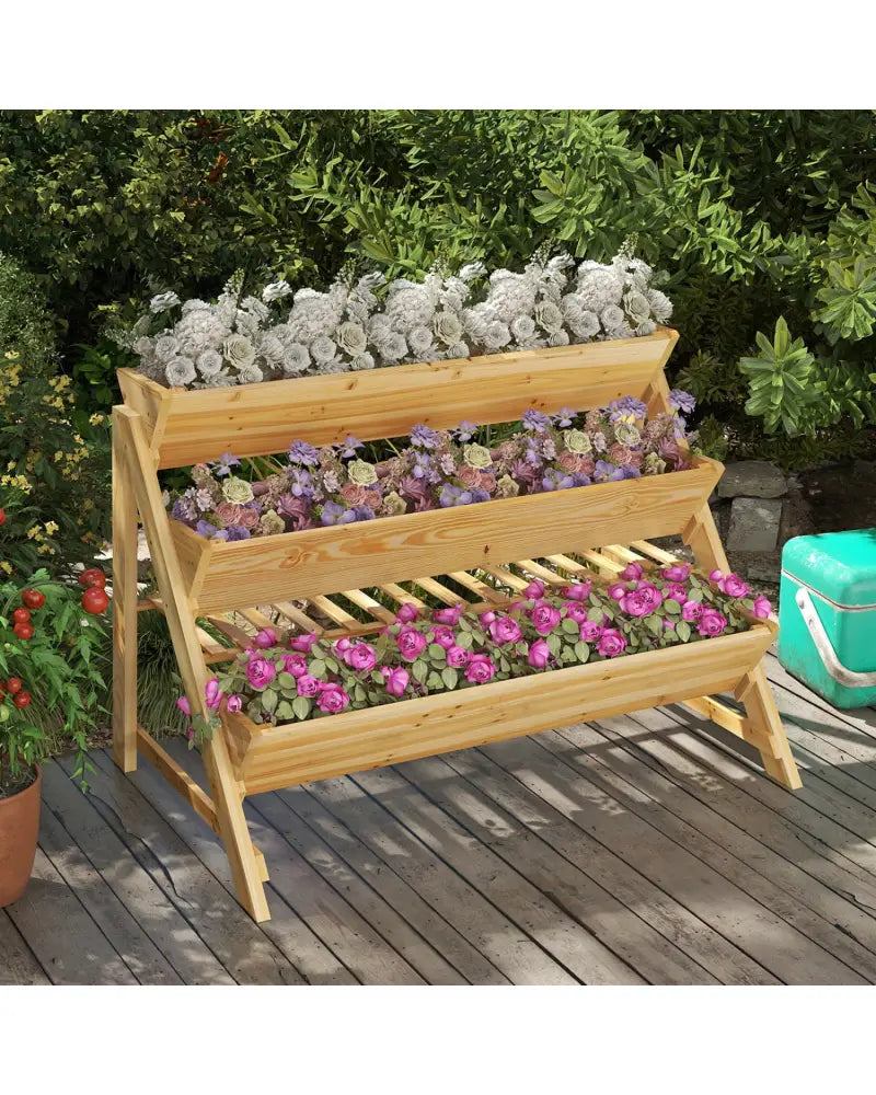3 Tier Wooden Vertical Raised Garden Bed with Storage Shelf - Natural - Raised Garden Beds