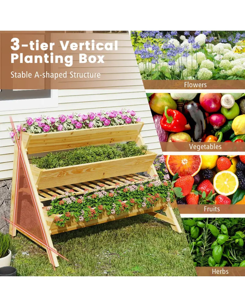 3 Tier Wooden Vertical Raised Garden Bed with Storage Shelf - Natural - Raised Garden Beds