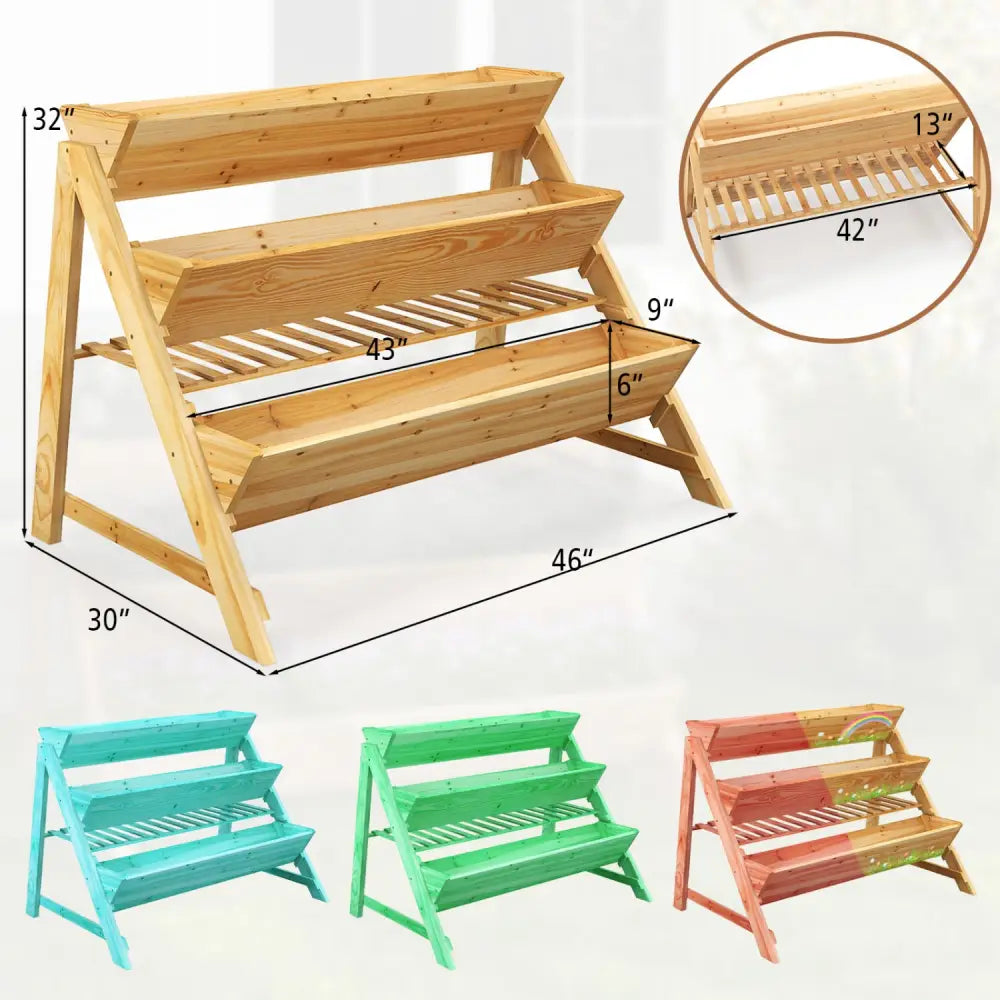 3 Tier Wooden Vertical Raised Garden Bed with Storage Shelf - Natural - Raised Garden Beds