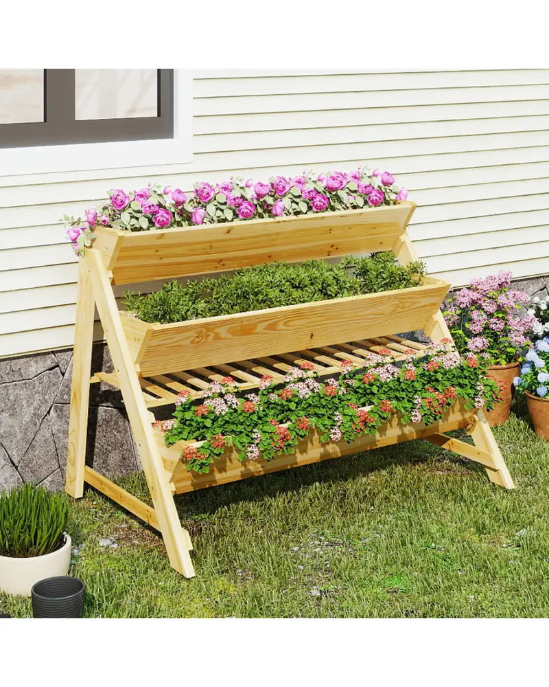 3 Tier Wooden Vertical Raised Garden Bed with Storage Shelf - Natural - Raised Garden Beds