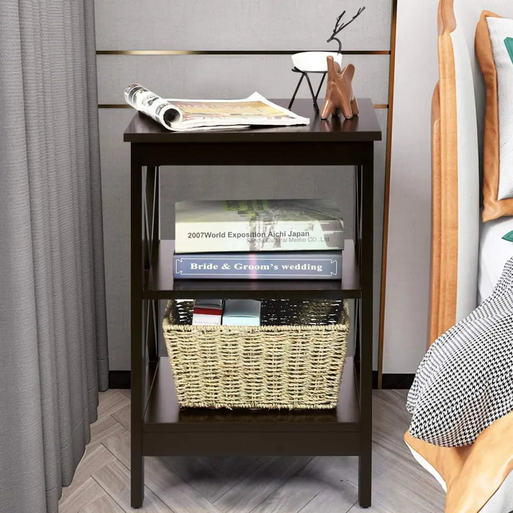 3-Tier X-Design Nightstands with Storage Shelves for Living Room Bedroom-Dark Brown - Dark Brown - End & Side Tables