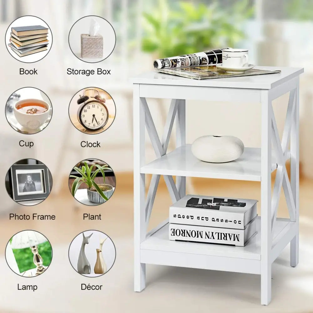 3-Tier X-Design Nightstands with Storage Shelves for Living Room Bedroom-White - White - End & Side Tables