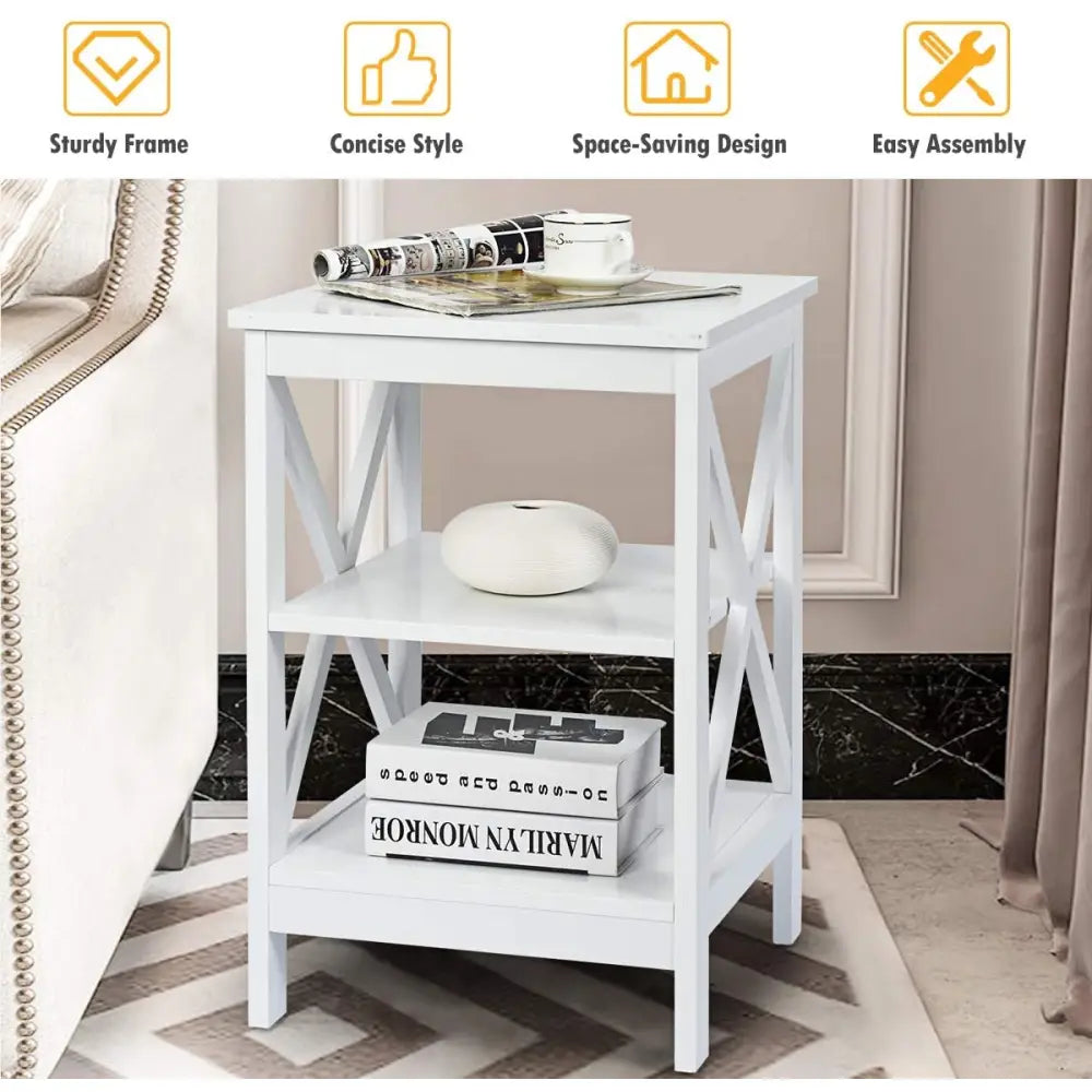 3-Tier X-Design Nightstands with Storage Shelves for Living Room Bedroom-White - White - End & Side Tables